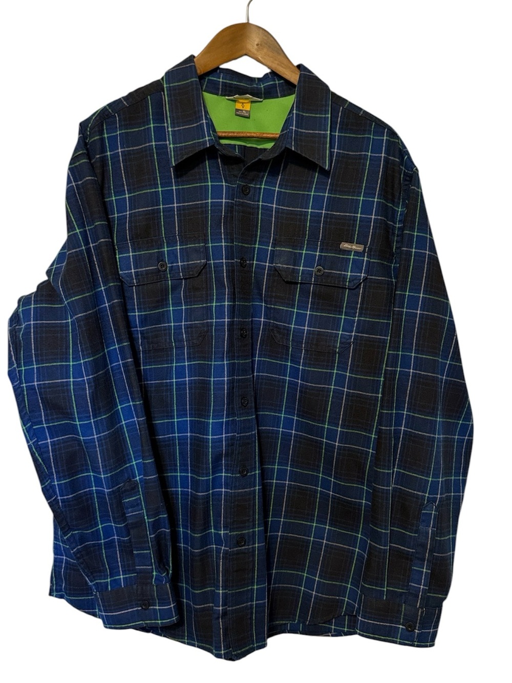 Eddie Bauer Men's Plaid Flannel Button Down Blue Green Pockets XL